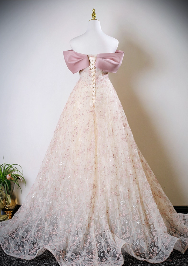 Glamorous Off-Shoulder Sequin Floral Lace Prom Dress Draped Bodice & Train Sweet 15 Quinceanera Ball Gown TP5499