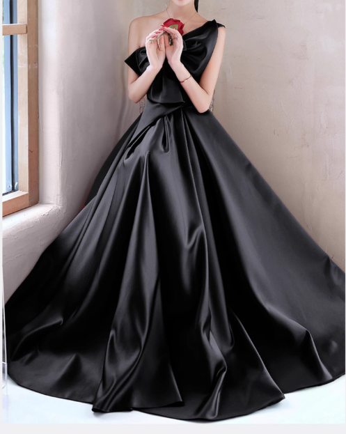 Vintage Black Satin One-Shoulder Oversized Bow A-Line Evening Gown TP5500