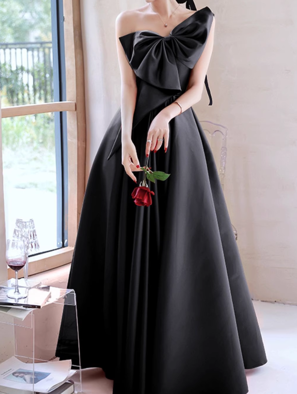 Vintage Black Satin One-Shoulder Oversized Bow A-Line Evening Gown TP5500