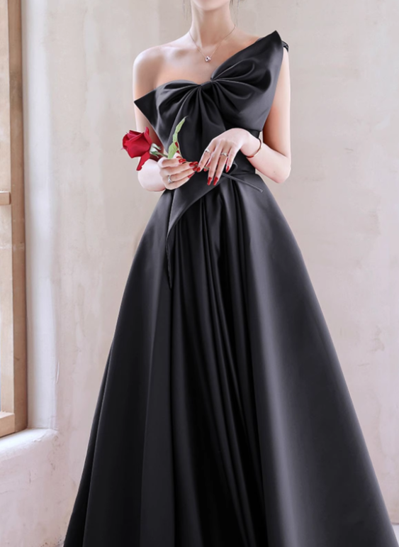 Vintage Black Satin One-Shoulder Oversized Bow A-Line Evening Gown TP5500