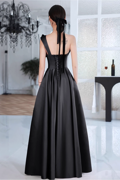 Vintage Black Satin One-Shoulder Oversized Bow A-Line Evening Gown TP5500
