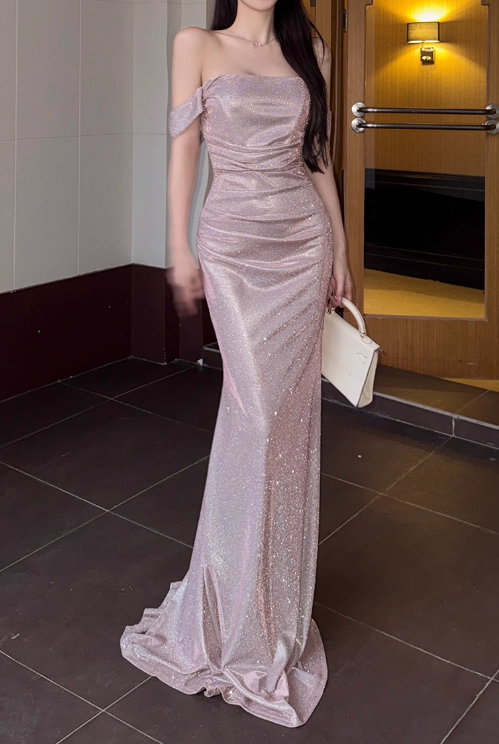 Vintage Pink Strapless Off-Shoulder Sheath Ruched Glitter Satin Evening Gown TP5504