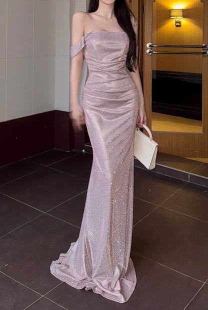 Vintage Pink Strapless Off-Shoulder Sheath Ruched Glitter Satin Evening Gown TP5504