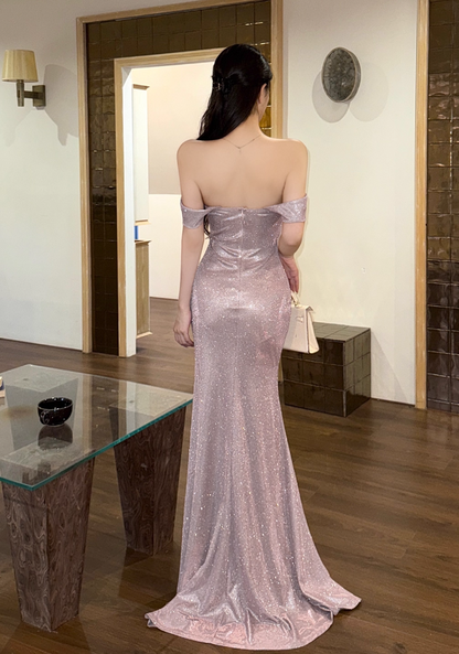Vintage Pink Strapless Off-Shoulder Sheath Ruched Glitter Satin Evening Gown TP5504