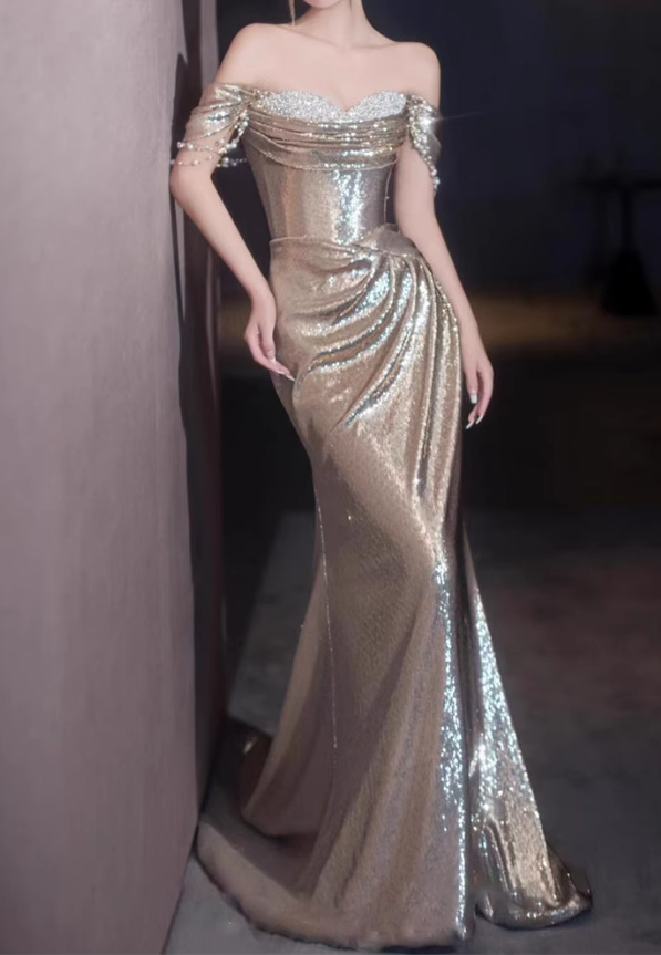 Vintage Champagne Sequin Off-Shoulder Ruched Bodice Beaded Sleeve Sweep Train Evening Gown TP5505
