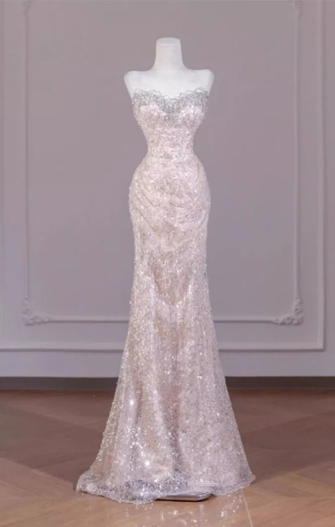 Vintage Pink Sequin Strapless Mermaid Beaded Evening Gown TP5507
