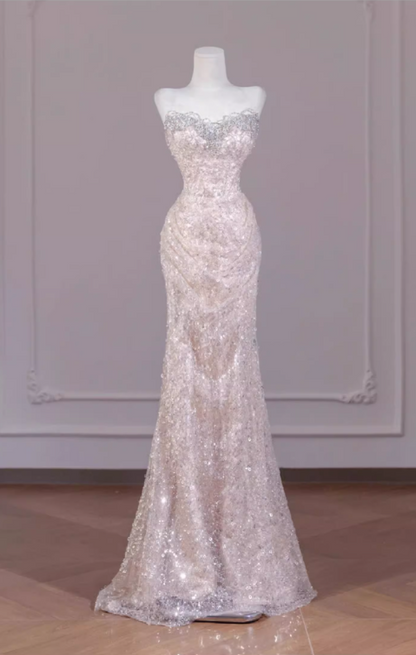 Vintage Pink Sequin Strapless Mermaid Beaded Evening Gown TP5507
