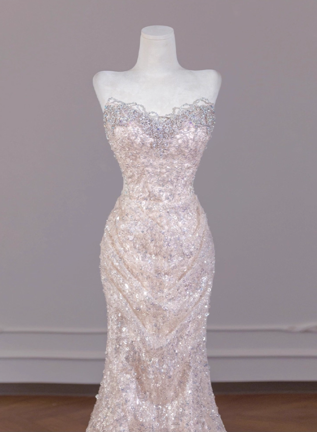 Vintage Pink Sequin Strapless Mermaid Beaded Evening Gown TP5507