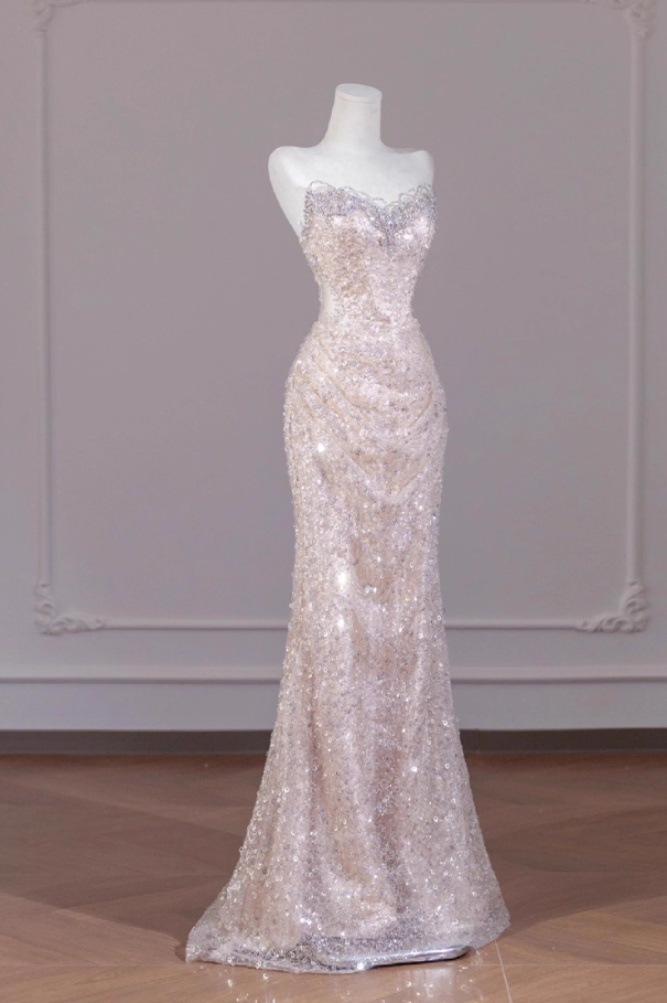 Vintage Pink Sequin Strapless Mermaid Beaded Evening Gown TP5507