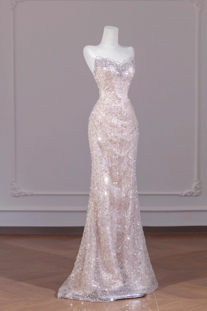 Vintage Pink Sequin Strapless Mermaid Beaded Evening Gown TP5507