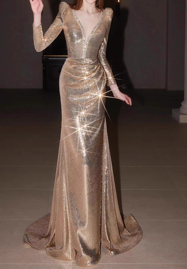 Vintage Gold Sequin Long-Sleeve Deep V-Neck Puffed Shoulders Evening Gown TP5508