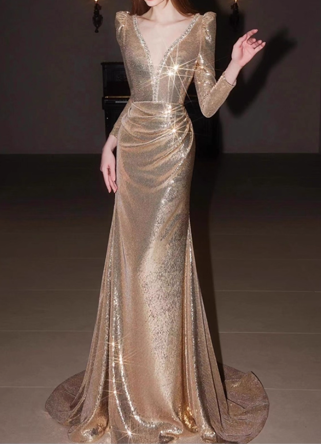 Vintage Gold Sequin Long-Sleeve Deep V-Neck Puffed Shoulders Evening Gown TP5508