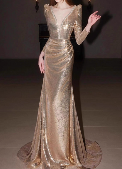 Vintage Gold Sequin Long-Sleeve Deep V-Neck Puffed Shoulders Evening Gown TP5508