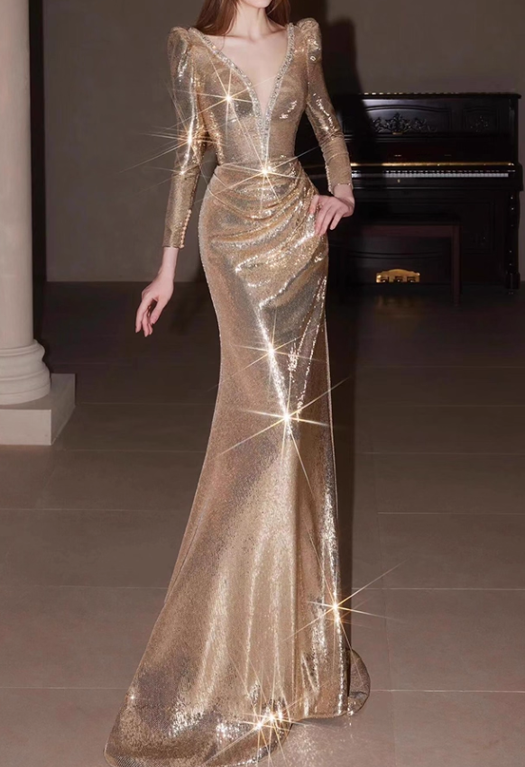 Vintage Gold Sequin Long-Sleeve Deep V-Neck Puffed Shoulders Evening Gown TP5508