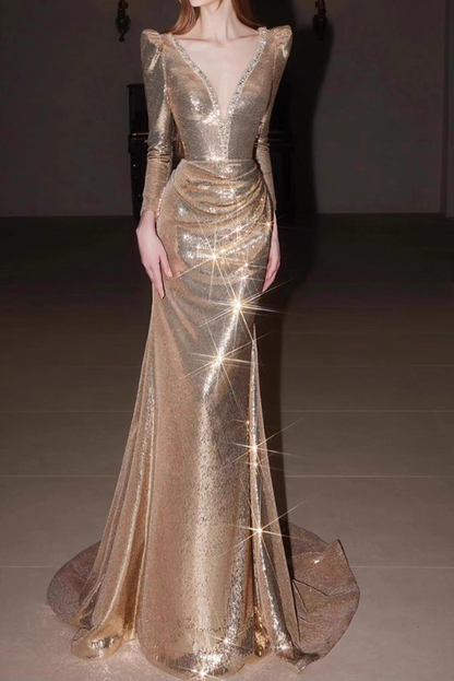 Vintage Gold Sequin Long-Sleeve Deep V-Neck Puffed Shoulders Evening Gown TP5508