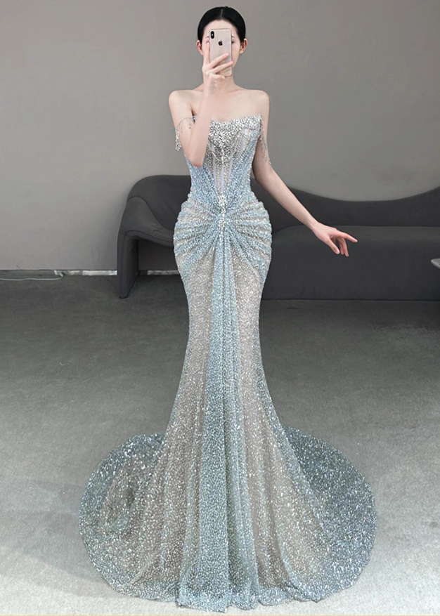 Vintage Sequin Off-Shoulder Mermaid Beaded Evening Gown TP5523