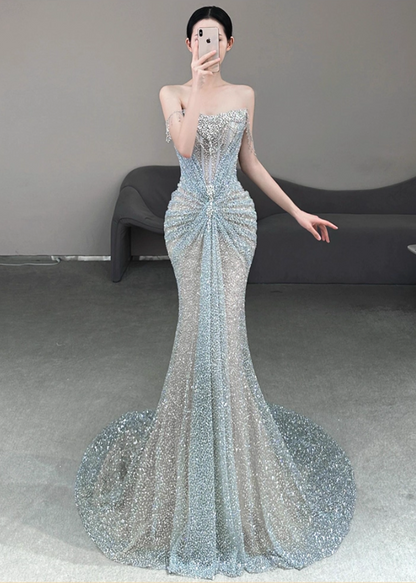 Vintage Sequin Off-Shoulder Mermaid Beaded Evening Gown TP5523
