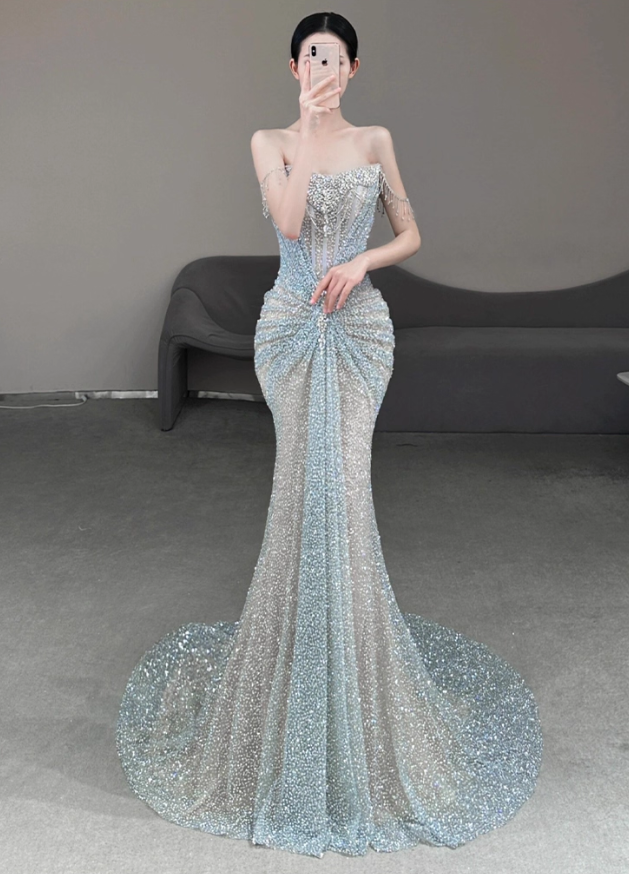 Vintage Sequin Off-Shoulder Mermaid Beaded Evening Gown TP5523