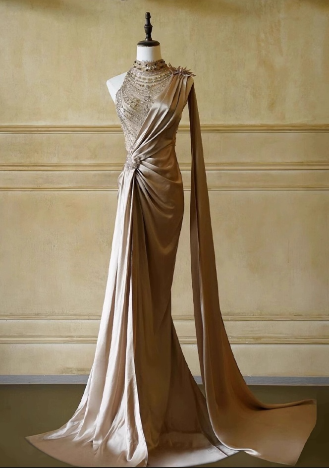 Vintage Champagne One-Shoulder Mermaid Satin Beaded Evening Gown TP5524