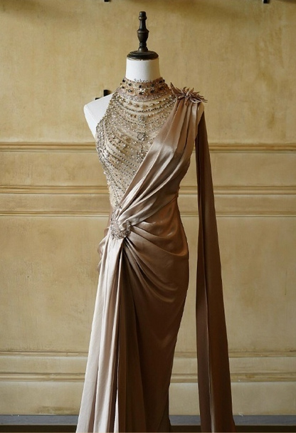 Vintage Champagne One-Shoulder Mermaid Satin Beaded Evening Gown TP5524