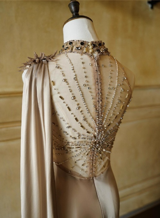 Vintage Champagne One-Shoulder Mermaid Satin Beaded Evening Gown TP5524