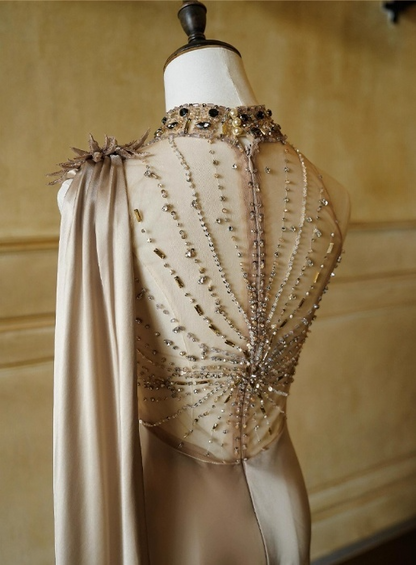 Vintage Champagne One-Shoulder Mermaid Satin Beaded Evening Gown TP5524