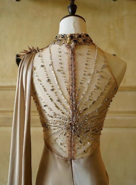 Vintage Champagne One-Shoulder Mermaid Satin Beaded Evening Gown TP5524