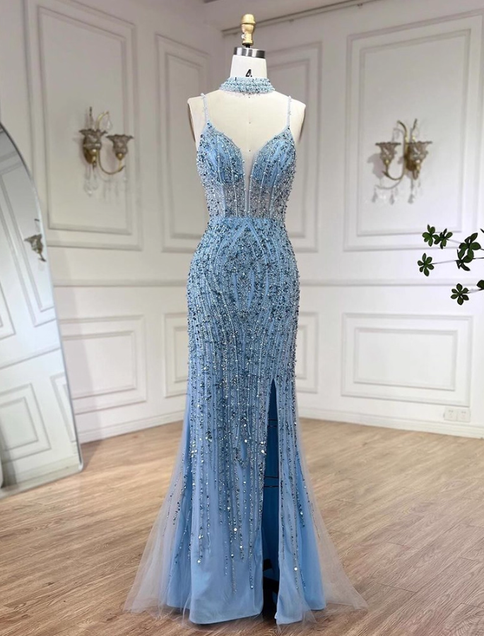 Vintage Spaghetti Strap Sequin Mermaid Tulle Evening Gown TP5525