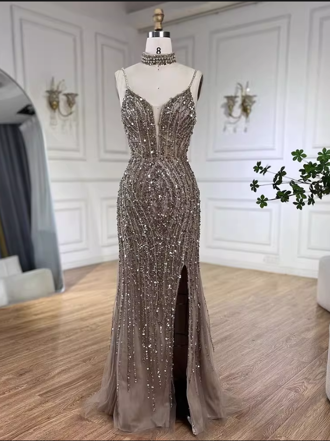 Vintage Spaghetti Strap Sequin Mermaid Tulle Evening Gown TP5525