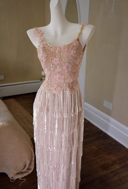 Vintage Pink Spaghetti Strap Sequin Fringe Sheath Evening Gown TP5531