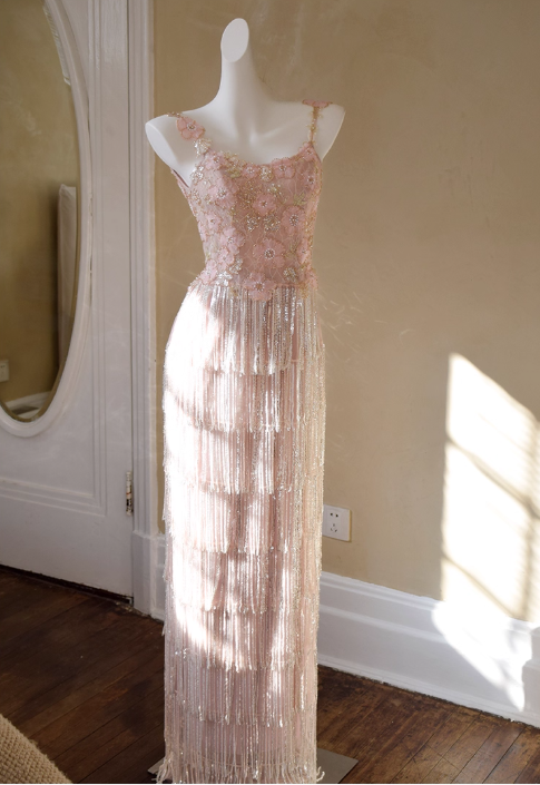 Vintage Pink Spaghetti Strap Sequin Fringe Sheath Evening Gown TP5531