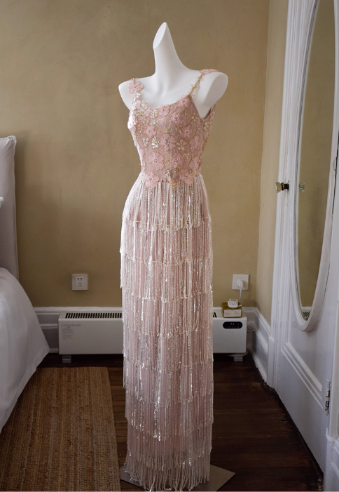 Vintage Pink Spaghetti Strap Sequin Fringe Sheath Evening Gown TP5531