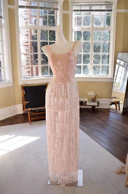 Vintage Pink Spaghetti Strap Sequin Fringe Sheath Evening Gown TP5531