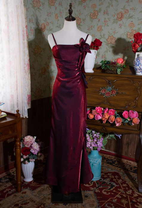Elegant Satin Spaghetti Strap Prom Dress Sheath 3D Flower Evening Gown TP5532