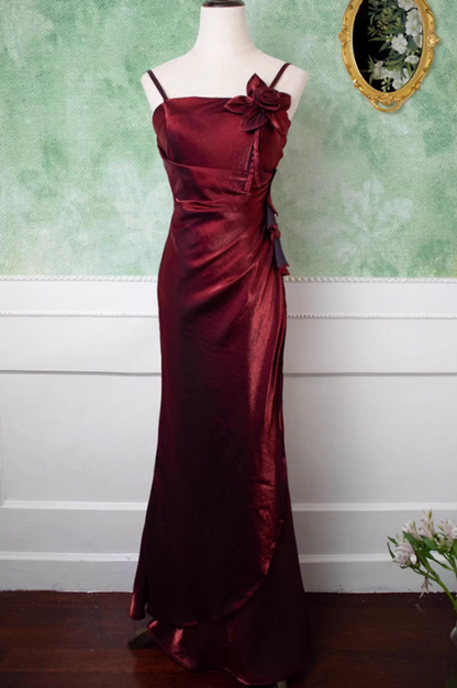 Elegant Satin Spaghetti Strap Prom Dress Sheath 3D Flower Evening Gown TP5532