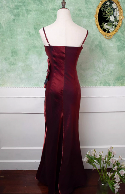 Elegant Satin Spaghetti Strap Prom Dress Sheath 3D Flower Evening Gown TP5532