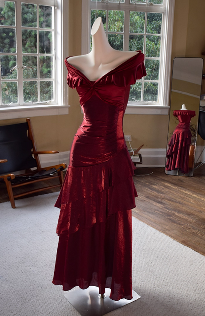 Vintage Off-the-Shoulder Ruched Ruffled Tiered Sheath Evening Gown TP5534