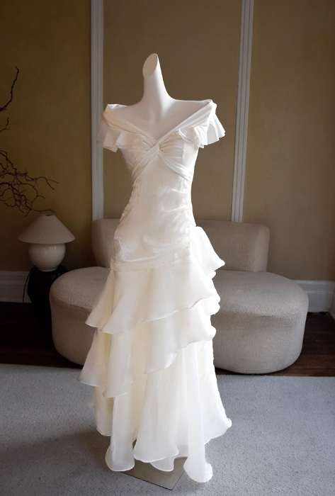 Vintage Off-the-Shoulder Ruched Ruffled Tiered Sheath Evening Gown TP5534