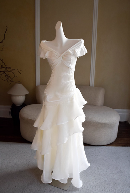 Vintage Off-the-Shoulder Ruched Ruffled Tiered Sheath Evening Gown TP5534