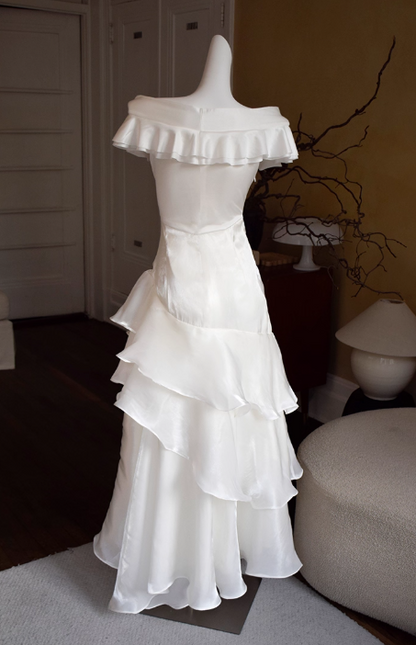 Vintage Off-the-Shoulder Ruched Ruffled Tiered Sheath Evening Gown TP5534