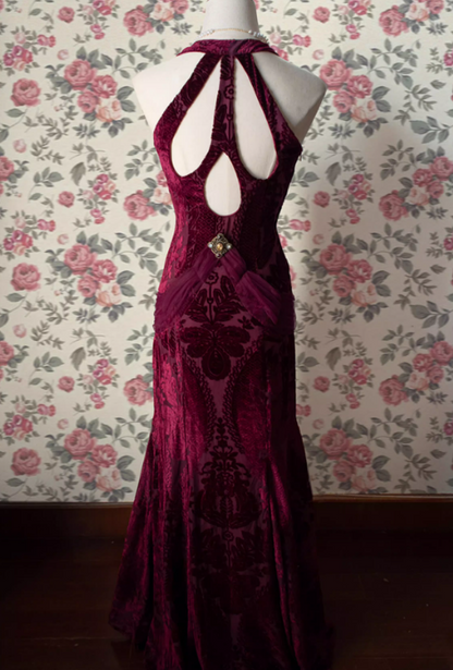 Vintage Burgundy Velvet Halter-Neck Cutout Back Floral Print Formal Evening Gown TP5535