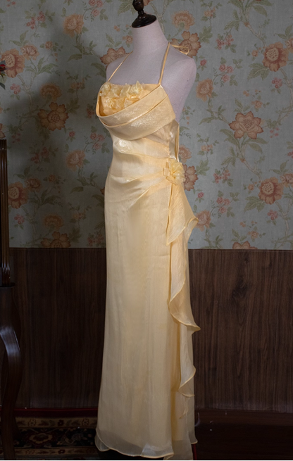 Vintage Chiffon Halter-Neck Ruffled 3D Flower Sheath Evening Gown TP5536