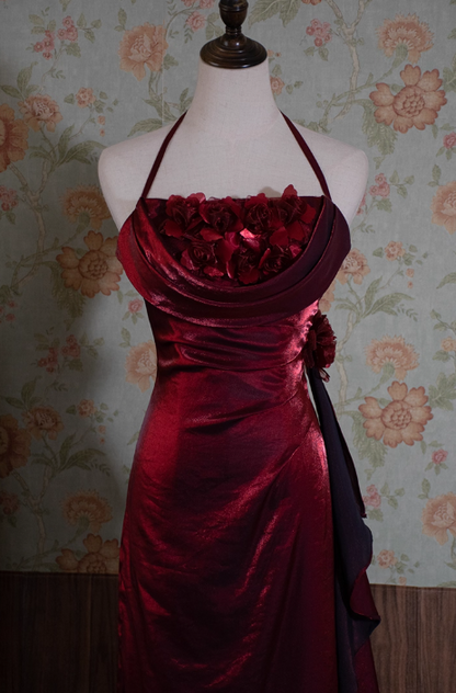Vintage Chiffon Halter-Neck Ruffled 3D Flower Sheath Evening Gown TP5536