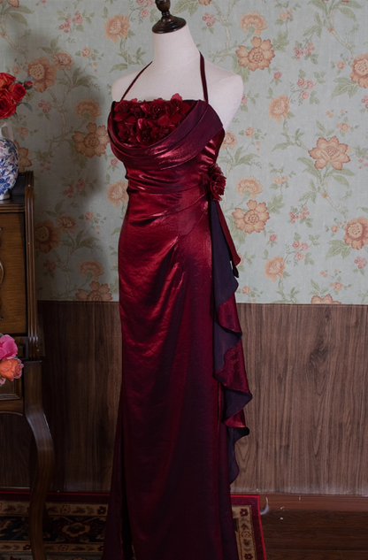 Vintage Chiffon Halter-Neck Ruffled 3D Flower Sheath Evening Gown TP5536
