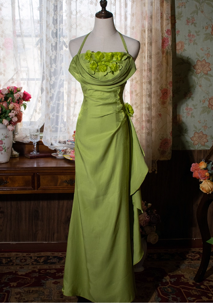 Vintage Chiffon Halter-Neck Ruffled 3D Flower Sheath Evening Gown TP5536