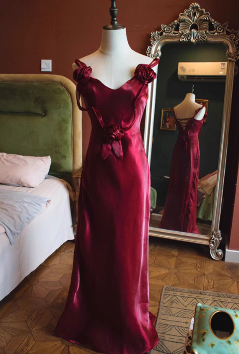 Vintage Burgundy Satin Prom Dress 3D Rose Spaghetti Strap Evening Gown TP5537