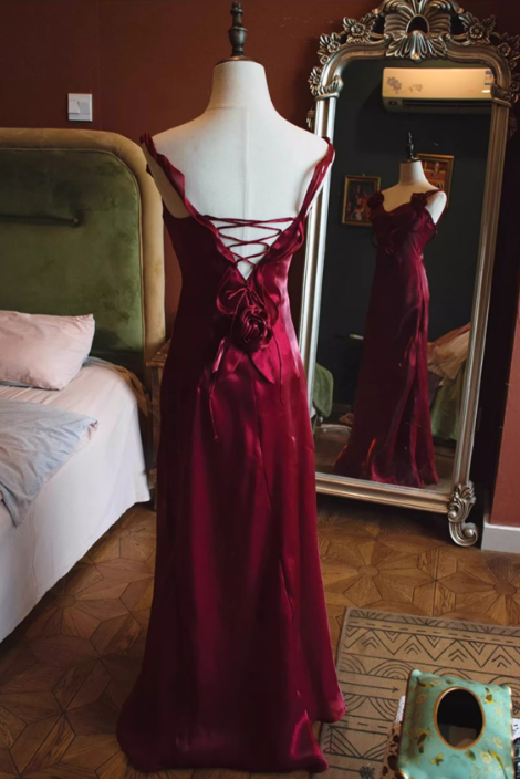Vintage Burgundy Satin Prom Dress 3D Rose Spaghetti Strap Evening Gown TP5537