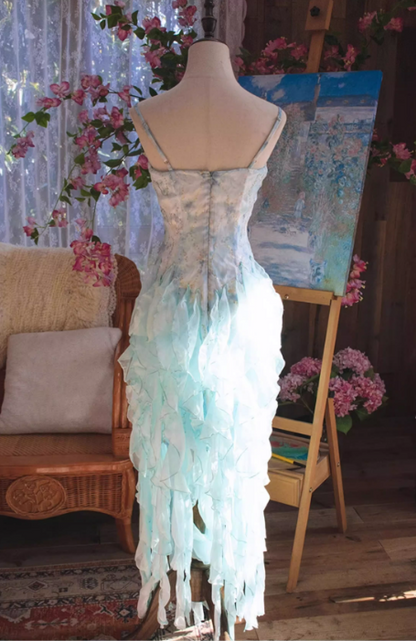 Vintage Ombre Chiffon Ruffled Prom Dress Spaghetti Strap Evening Gown TP5539