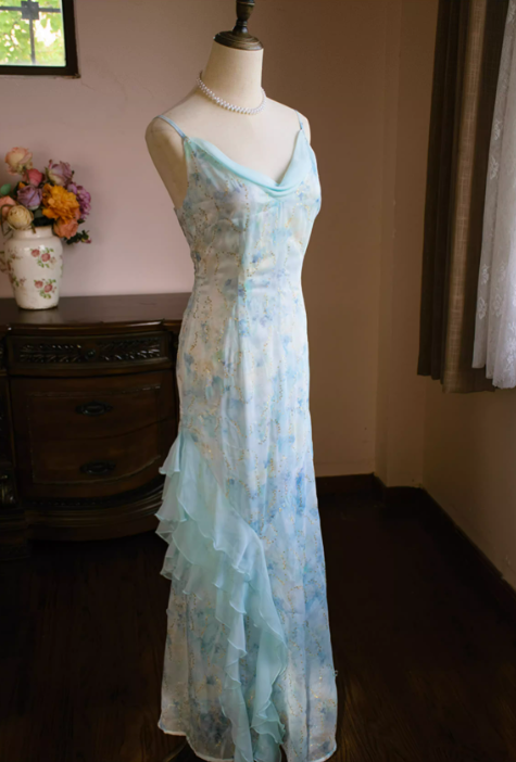 Vintage Aqua Blue Chiffon Prom Dress Floral Print Spaghetti Strap Ruffled Evening Gown TP5540