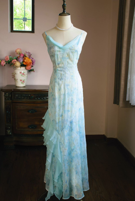 Vintage Aqua Blue Chiffon Prom Dress Floral Print Spaghetti Strap Ruffled Evening Gown TP5540